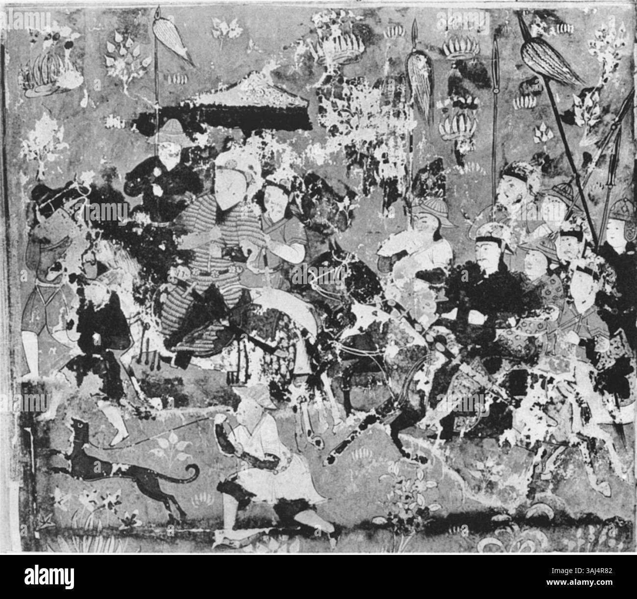 Folio 55 verso illustra Hulagu Khan e il suo esercito in viaggio da Bistam per catturare i castelli ISMa'ili nel 1256, un momento chiave nella conquista mongola della Persia. Foto Stock