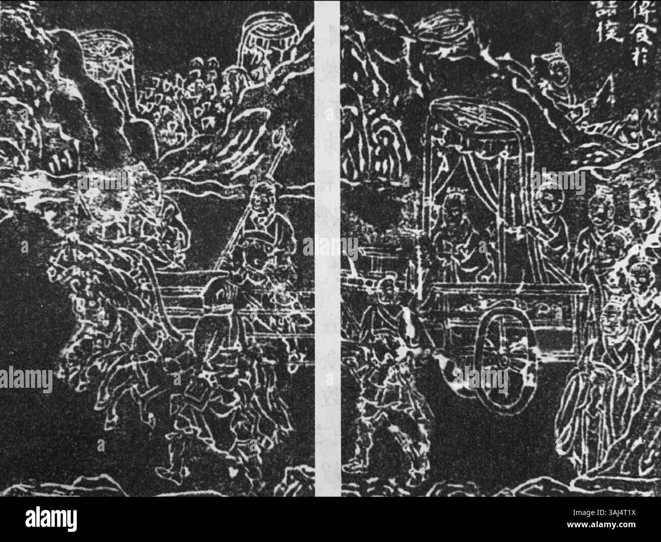 L'illustrazione ritrae Mencio che viaggia con i suoi studenti in giro per gli antichi stati cinesi, trattato decentemente dai governanti, ma con pochi che accettano le sue idee politiche. Fa parte dell'Heritage Illustrations for Descent of Mencius, uno sfregamento da una stele di pietra nel Tempio di Mencio a Shandong. Foto Stock