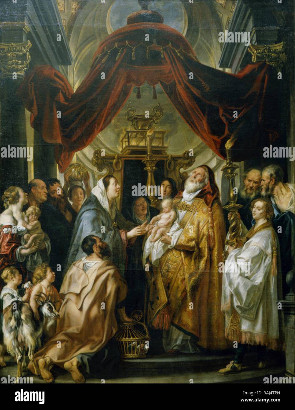 Questo dipinto di Jacob Jordaens, creato intorno al 1660, raffigura la scena biblica di Gesù Cristo tra i medici del tempio. L'olio su tela cattura il giovane Cristo impegnato nella conversazione con gli studiosi. Foto Stock