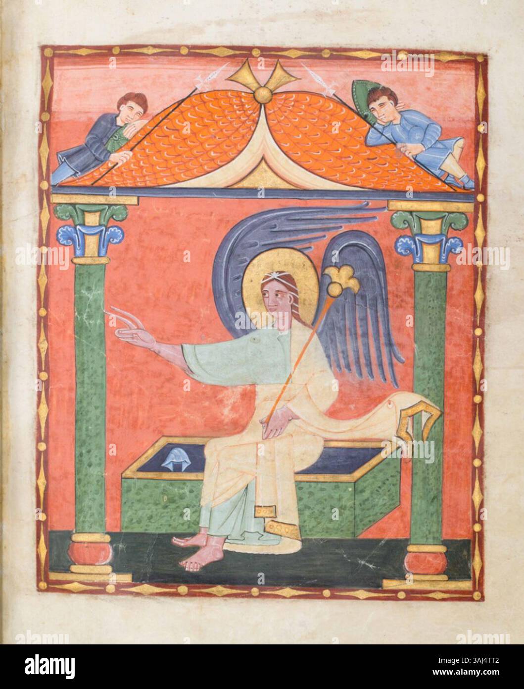 Un'illuminazione del codice Irmengard, raffigurante la scena della Resurrezione con un angelo seduto accanto alla tomba vuota, datata intorno al 1053, che mostra l'arte medievale cristiana e la tradizione manoscritta. Foto Stock