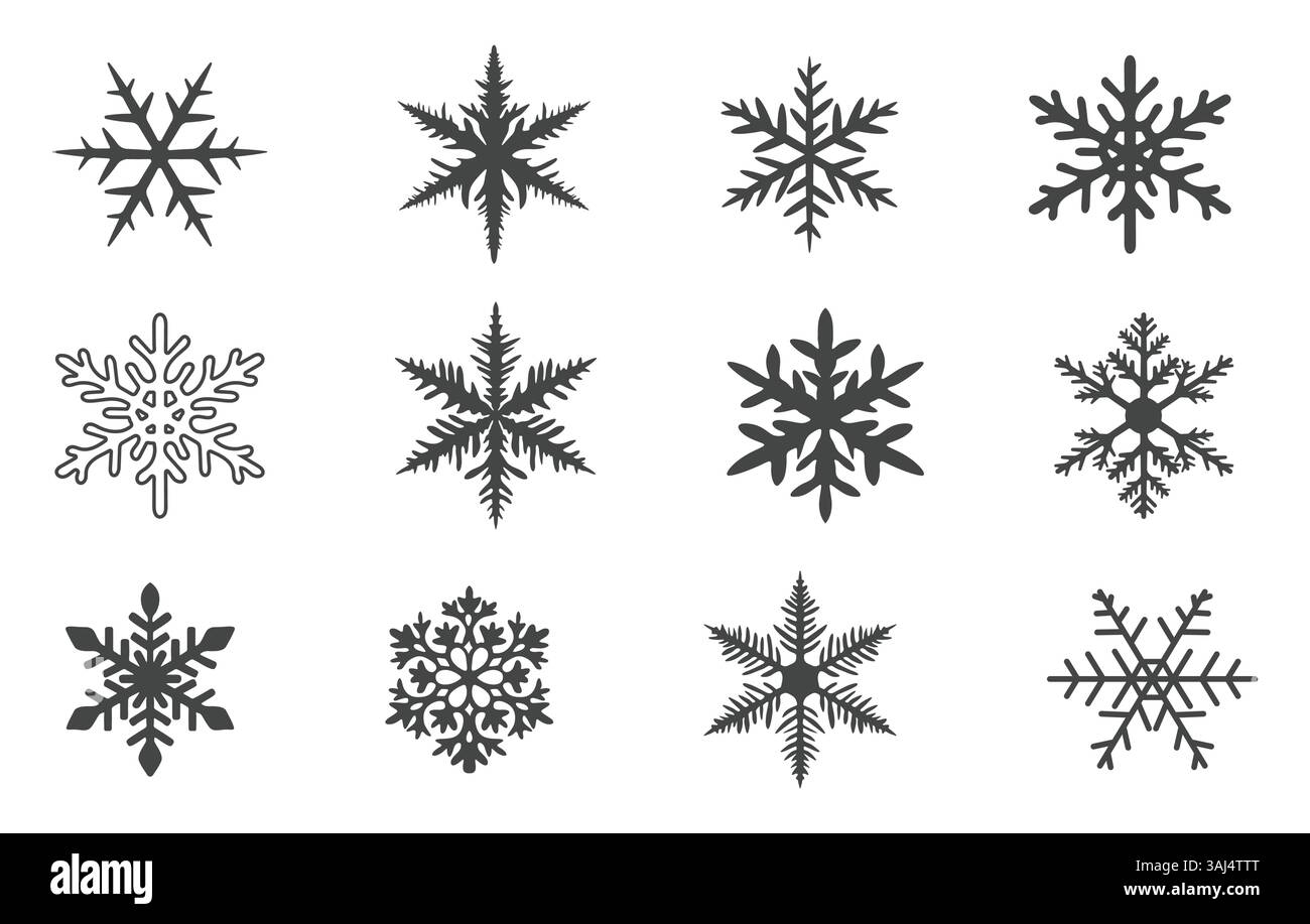 Silhouette del fiocco di neve, Clipart del fiocco di neve, vettore del fiocco di neve, icona del fiocco di neve. Illustrazione Vettoriale