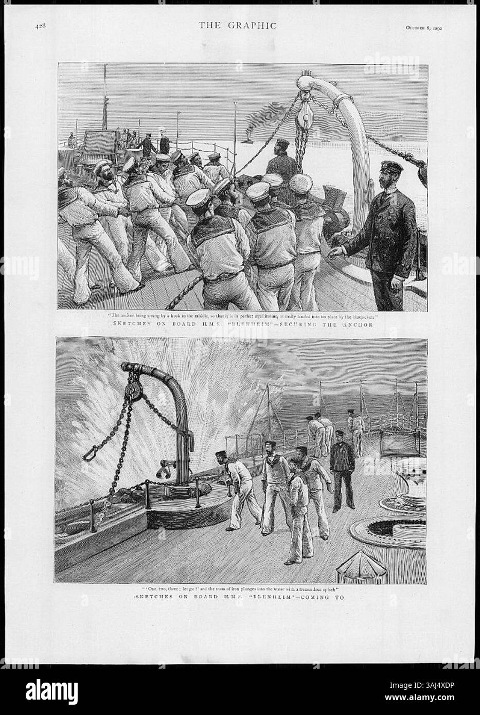 Questa incisione in legno del 1892 di The Graphic mostra schizzi realizzati a bordo della HMS Blenheim. L'illustrazione fornisce uno sguardo sulla vita a bordo di una nave da guerra britannica alla fine del XIX secolo. Foto Stock Questa incisione in legno del 1892 di The Graphic mostra schizzi realizzati a bordo della HMS Blenheim. L'illustrazione fornisce uno sguardo sulla vita a bordo di una nave da guerra britannica alla fine del XIX secolo. Foto Stock