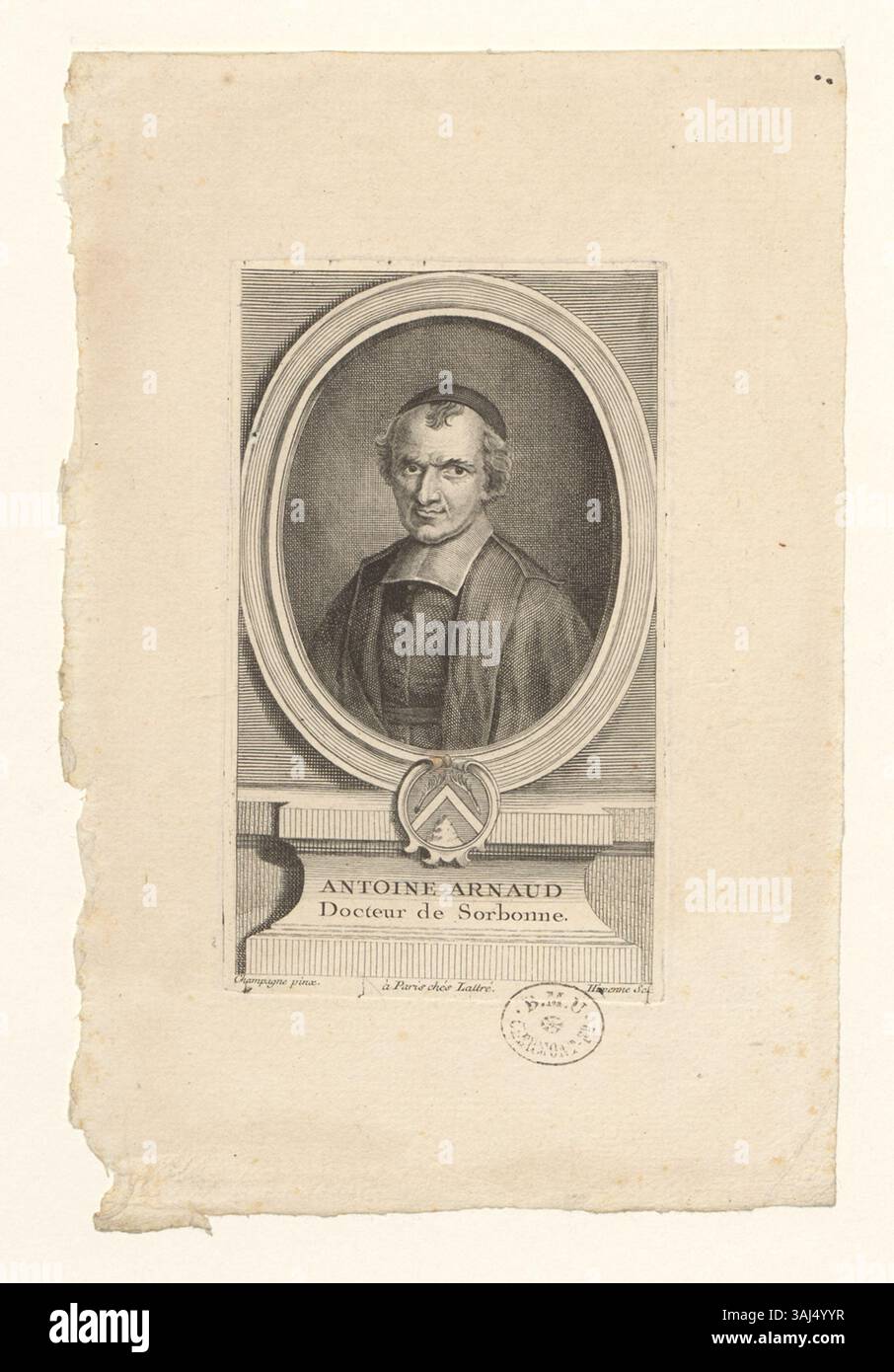 Una stampa intaglio della collezione Boyer, creata da Philippe de Champaigne, raffigurante Antoine Arnaud, un rinomato medico di teologia della Sorbona. La stampa cattura la sua importanza accademica e religiosa. Foto Stock