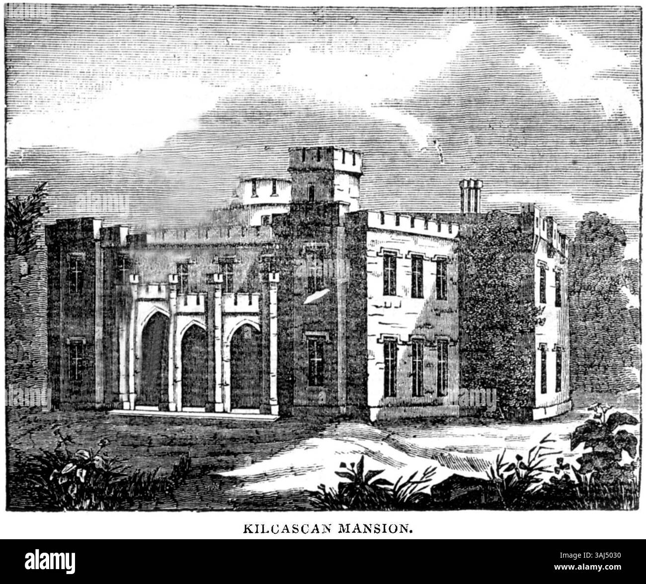 Kilcascan Mansion, presente nel Dublin Penny Journal nel 1834, è un importante punto di riferimento architettonico nella contea di Cork. L'articolo discute il design della villa e il suo ruolo nella storia sociale e culturale della regione. Foto Stock