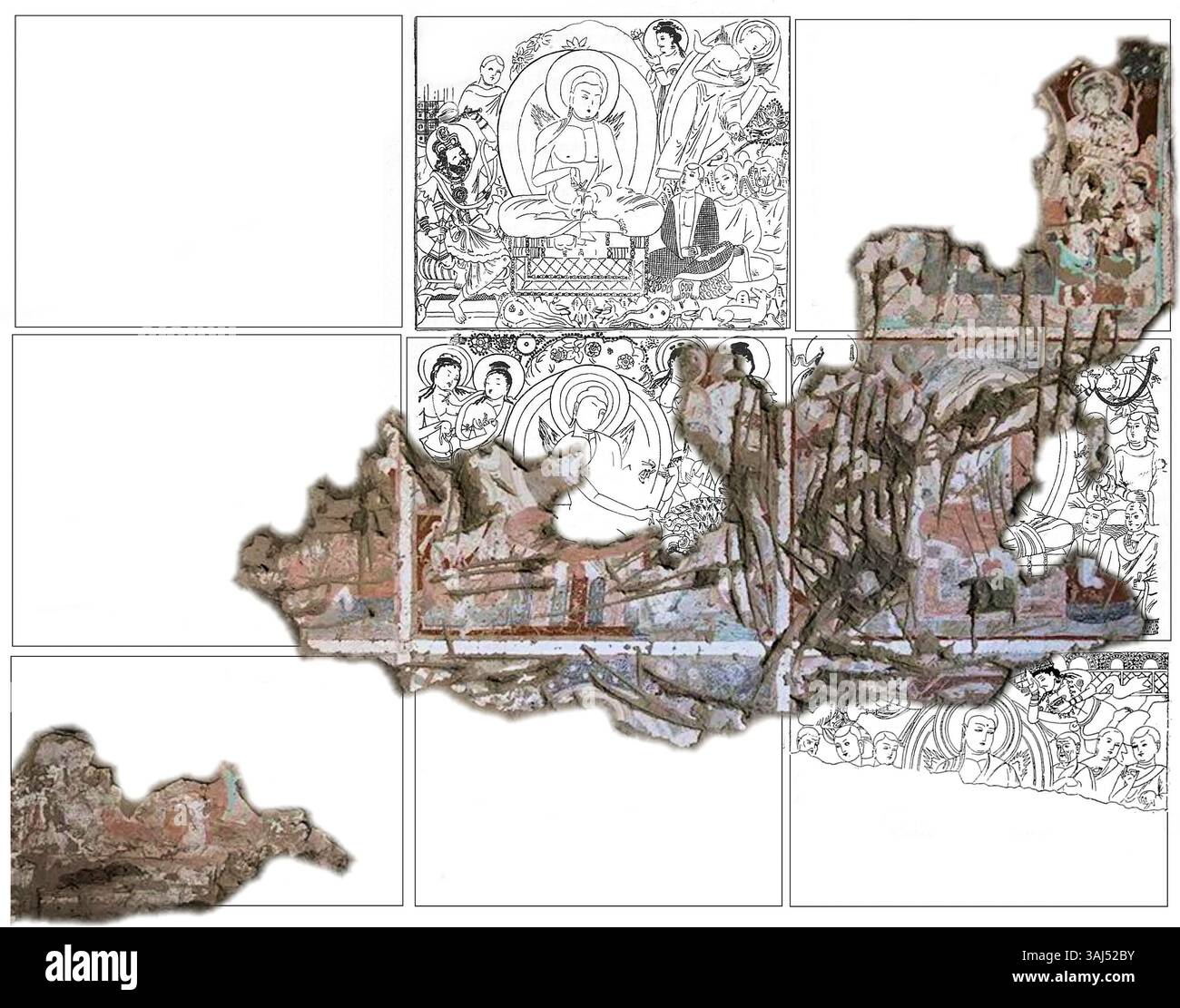 Il murale sinistro della Grotta dei pittori nelle grotte di Kizil, registrato nel 1912 da Albert Grünwedel, rimane un artefatto significativo del vi-VII secolo. Questa opera d'arte storica offre uno sguardo sulle antiche tecniche artistiche utilizzate nella pittura buddista nelle grotte. Foto Stock
