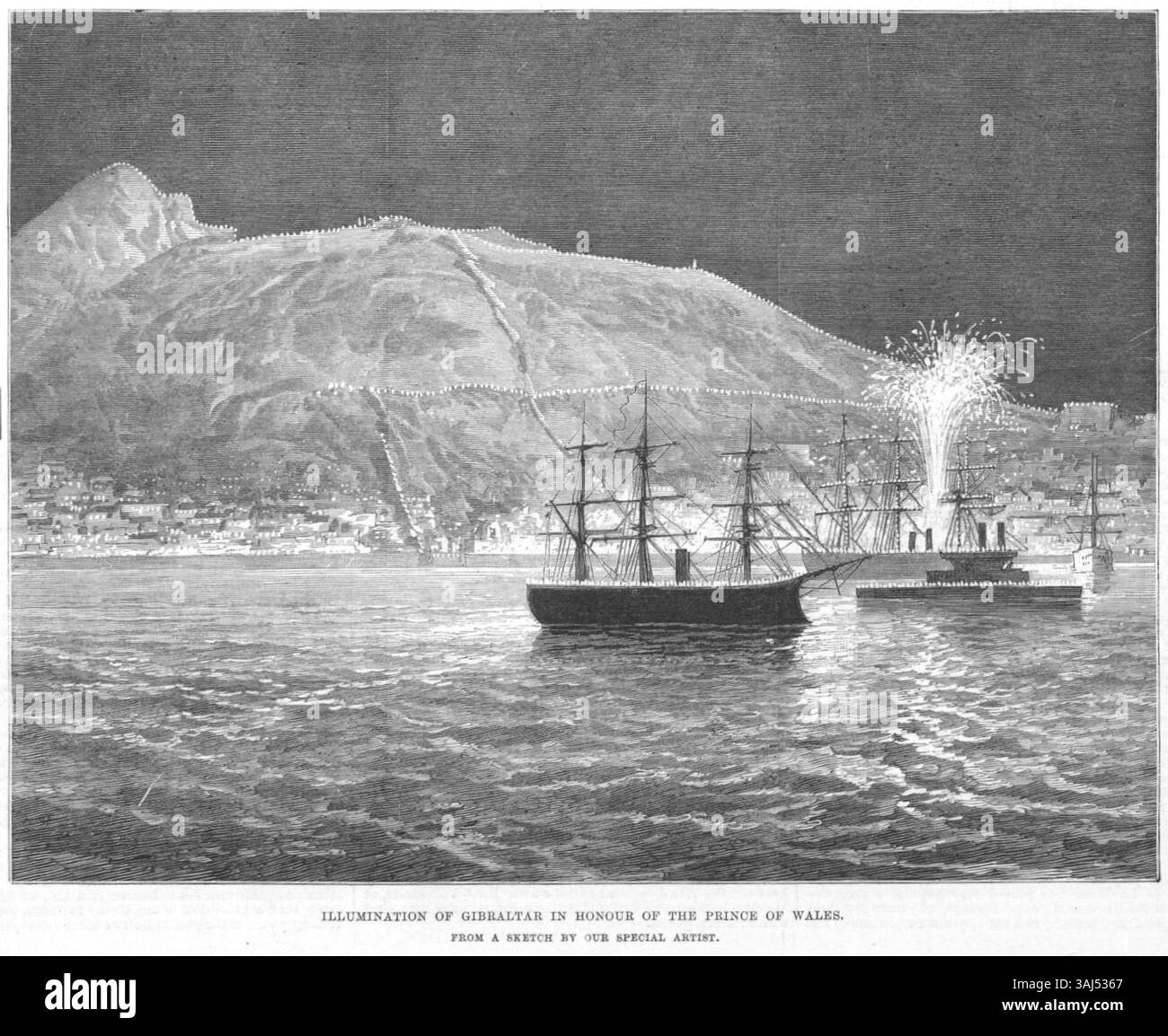 Illustrazione con incisione in legno dell'illuminazione di Gibilterra in onore del Principe di Galles, pubblicata su Illustrated London News il 6 maggio 1876. L'incisione cattura il grande evento che celebra la visita reale. Foto Stock