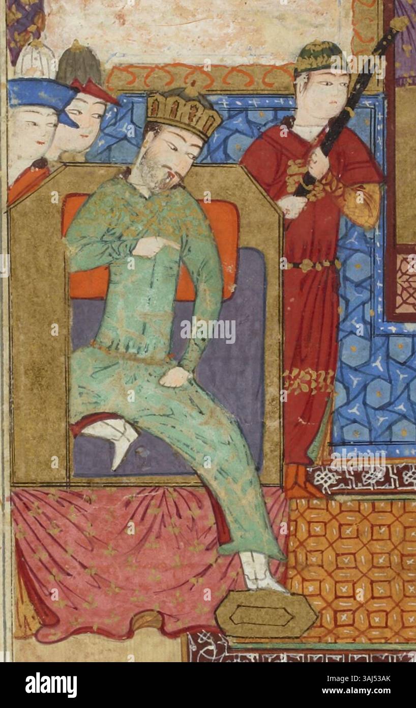 Questa opera del 1438 raffigura Güyük Khan in trono, una significativa figura storica dell'Impero mongolo, che mostra la sua autorità e il suo potere durante il XV secolo. Foto Stock