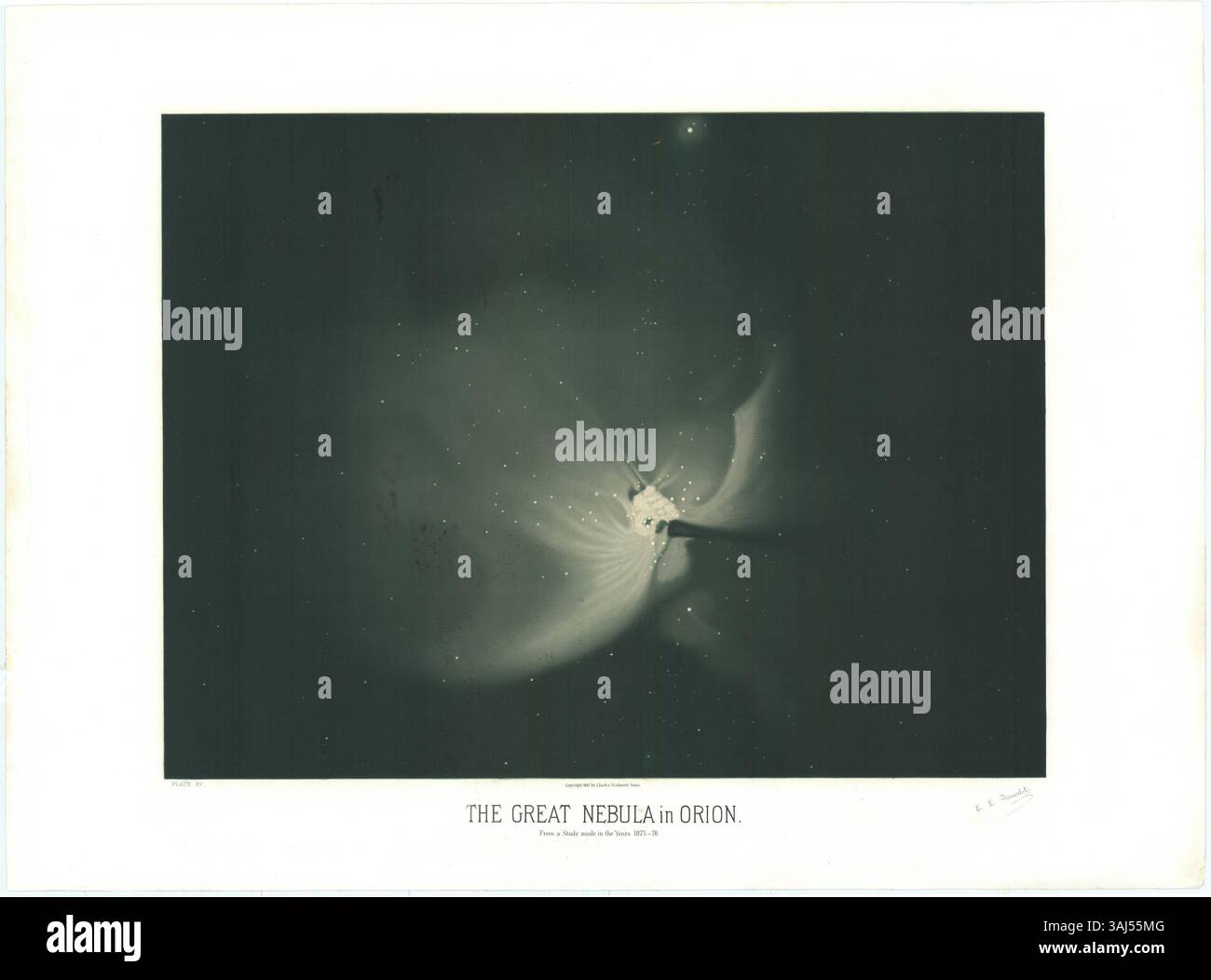 La rappresentazione della grande Nebulosa di Orione, realizzata nel 1882 da Étienne Léopold Trouvelot, cattura il fenomeno stellare con dettagli intricati, mostrando la complessa struttura e le caratteristiche luminose della nebulosa. Foto Stock