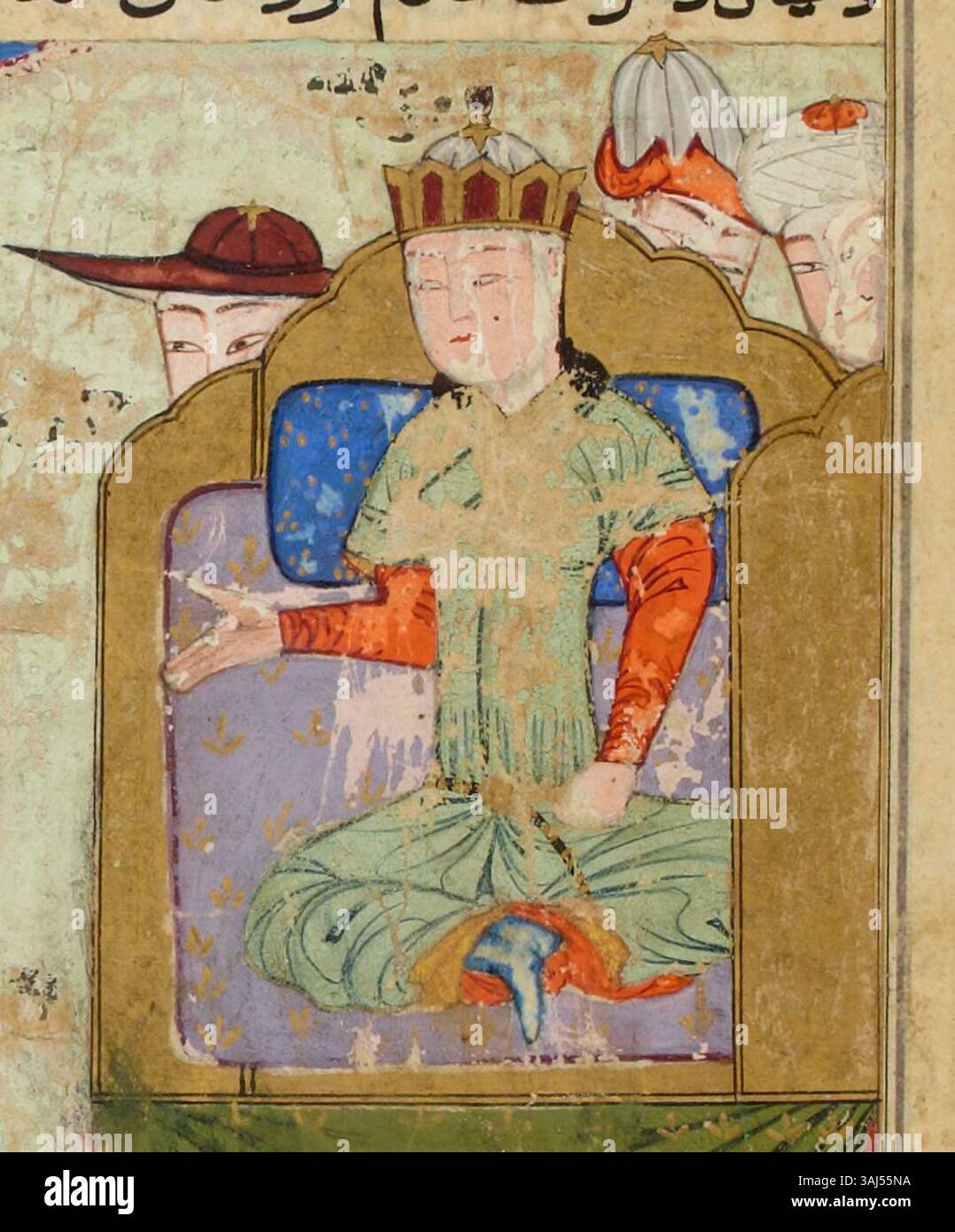 La raffigurazione di Möngke in trono dal Tarikh-i Jahangushay-i Juvaini mostra il sovrano mongolo in un momento di potere nel 1438, dipinto in stile Shiraz. Foto Stock