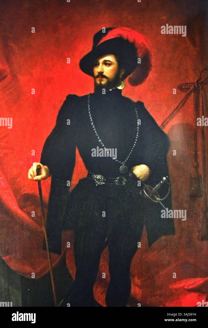 Questo ritratto del 1850 raffigura il famoso cantante lirico italiano Giovanni Mario nel ruolo di Don Giovanni nell'opera di Mozart. Mario, celebrato per la sua voce potente, è mostrato nel ruolo del leggendario seduttore in questo drammatico ritratto del XIX secolo. Foto Stock