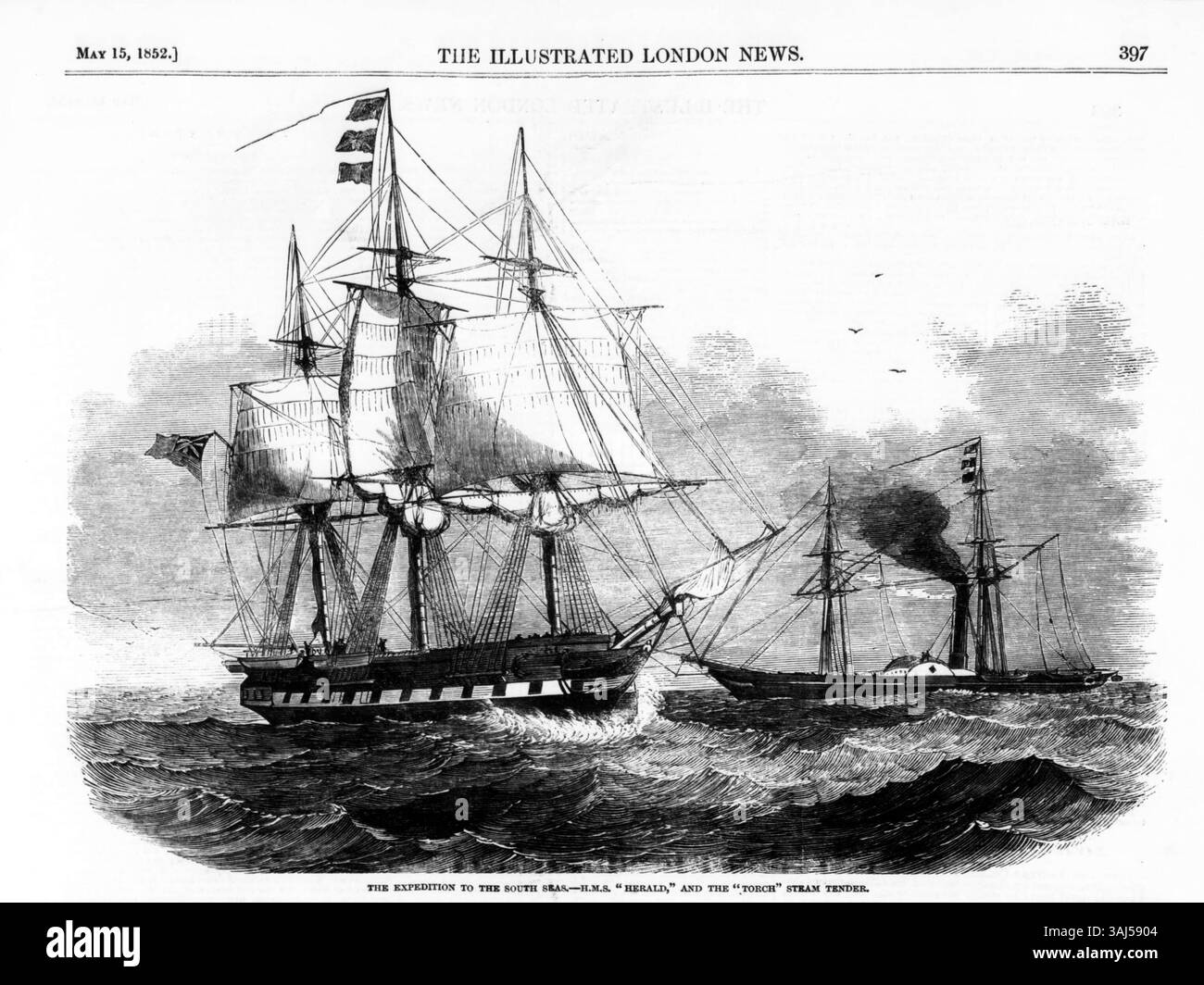 Illustrazione della HMS Herald e della HMS Torch, due navi navali britanniche, dal Illustrated London News, 15 maggio 1852, raffigurante il loro viaggio di osservazione in Australia e nel Pacifico meridionale. Foto Stock Illustrazione della HMS Herald e della HMS Torch, due navi navali britanniche, dal Illustrated London News, 15 maggio 1852, raffigurante il loro viaggio di osservazione in Australia e nel Pacifico meridionale. Foto Stock