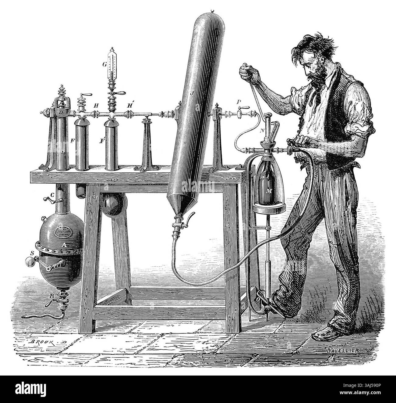 Questa incisione di Louis Figuier illustra la macchina di Savaresse caratterizzata da un cilindro oscillante, una significativa innovazione tecnologica del XIX secolo. Mette in evidenza i progressi nel campo dell'ingegneria meccanica e dei macchinari industriali. Foto Stock