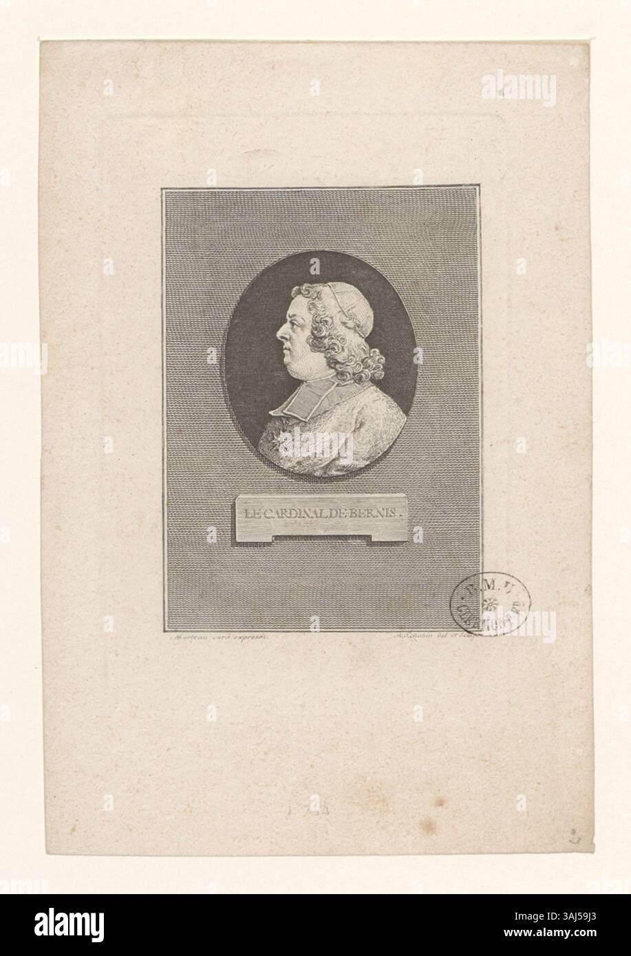Questa stampa intaglio della collezione Boyer raffigura il Cardinale Bernis, un influente leader religioso francese del XVIII secolo, creato da Augustin de Saint-Aubin. Foto Stock
