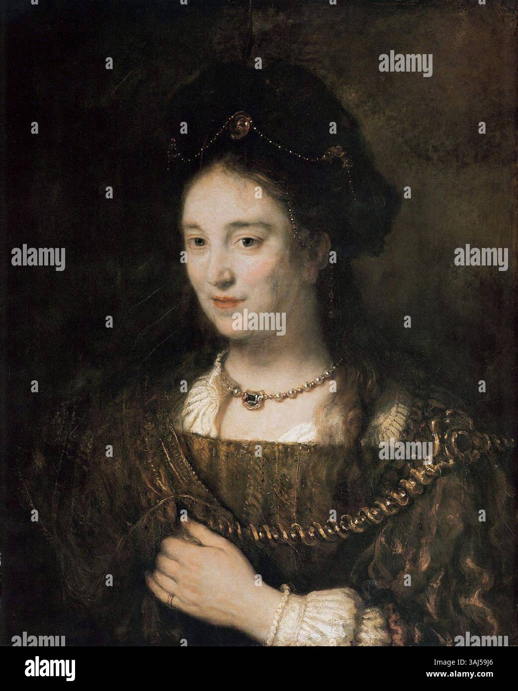 Questo dipinto di Rembrandt del 1643 raffigura sua moglie, Saskia van Uylenburgh, che mostra l'abilità dell'artista nella ritrattistica. L'olio sul pannello ritrae Saskia in modo realistico e dettagliato, catturando con precisione le sue sembianze. Il dipinto si trova nello Staatliche Museen zu Berlin. Foto Stock Questo dipinto di Rembrandt del 1643 raffigura sua moglie, Saskia van Uylenburgh, che mostra l'abilità dell'artista nella ritrattistica. L'olio sul pannello ritrae Saskia in modo realistico e dettagliato, catturando con precisione le sue sembianze. Il dipinto si trova nello Staatliche Museen zu Berlin. Foto Stock