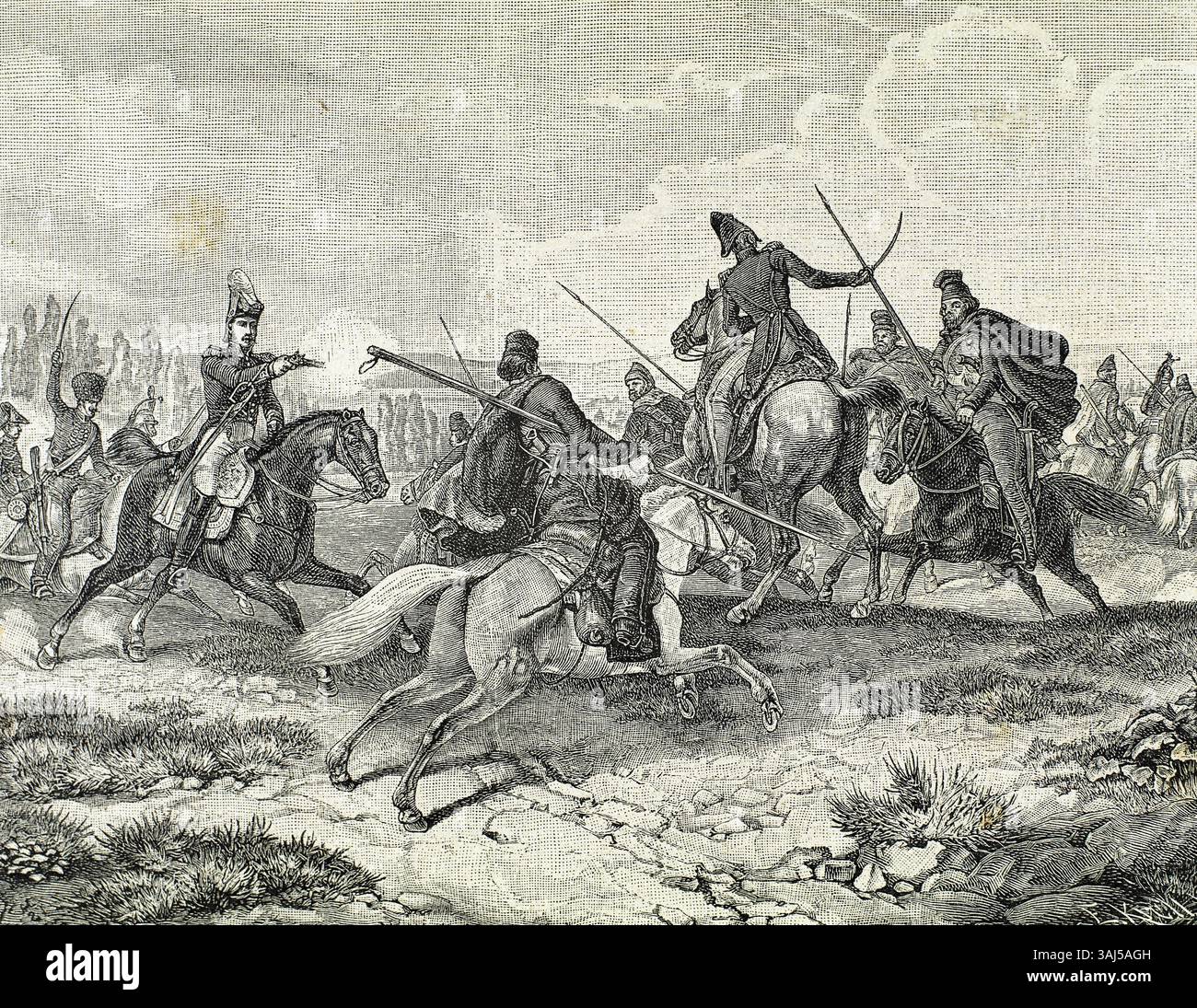 Guerre napoleoniche. Invasione francese della Russia. Combattere i cosacchi russi contro l'esercito francese. Incisione, XIX secolo. Incisione, XIX secolo. Foto Stock