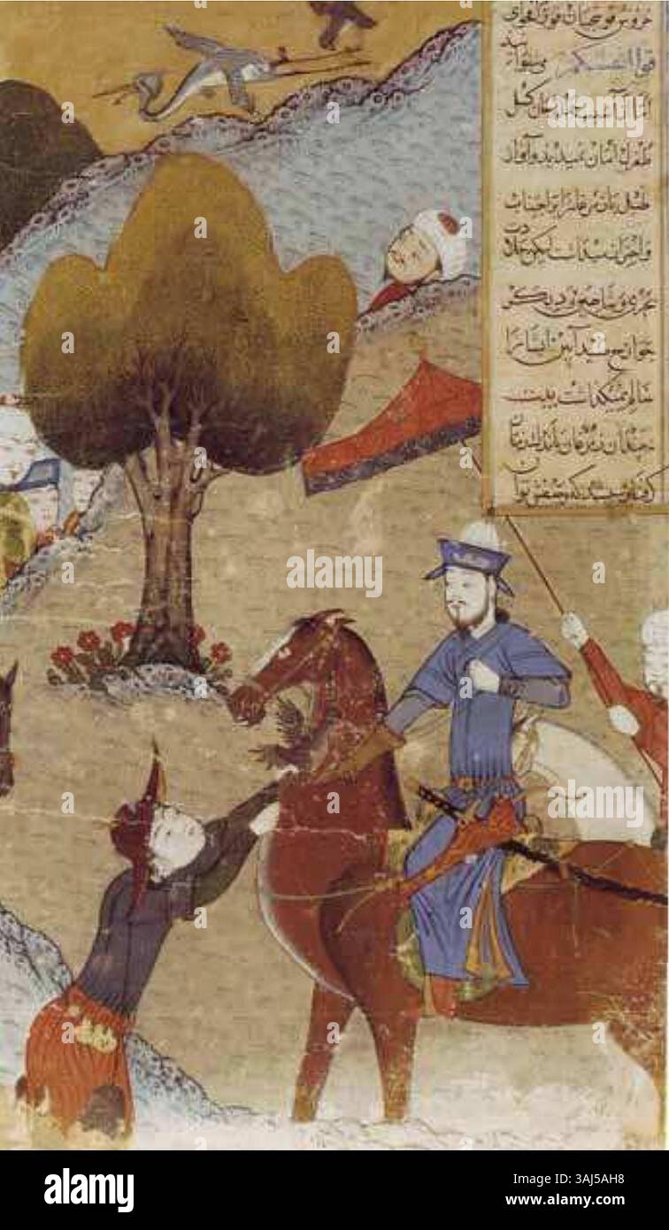 Questo dipinto del 1436 dello "Zafarnama" illustra la caccia a Timur vicino a Bukhara dopo la sua campagna primaverile del 1389. L'opera d'arte cattura gli eventi storici chiave dell'era timuride. Foto Stock