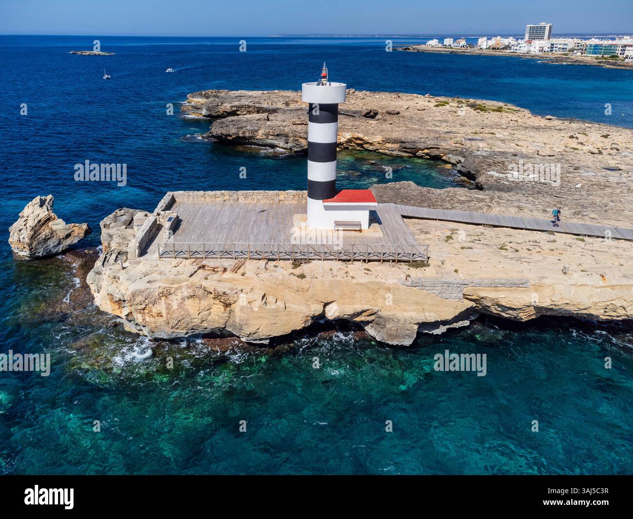 faro di Colònia de Sant Jordi, sa Puntassa, colonia di Sant Jordi, Ses Salines, Isole Baleari, Maiorca, Spagna Foto Stock