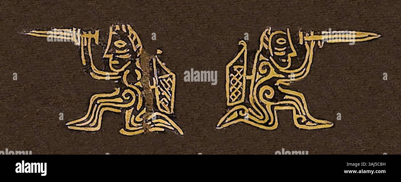 Questo manufatto della cultura Filippovka, risalente al IV secolo a.C., raffigura individui incisi su una lama di pugnale trovata in Kurgan 4, sepoltura 2. L'oggetto fornisce informazioni sulle prime opere d'arte e pratiche di sepoltura di questa antica cultura. Foto Stock