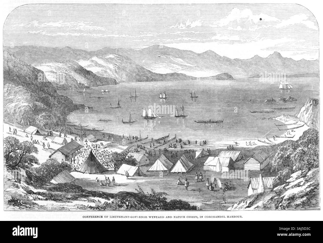 Questa incisione in legno illustra la conferenza tra il tenente governatore Wynard e i capi nativi a Coromandel Harbour, in nuova Zelanda, nel 1853. Documenta un momento significativo nella storia dei campi d'oro della nuova Zelanda. Foto Stock