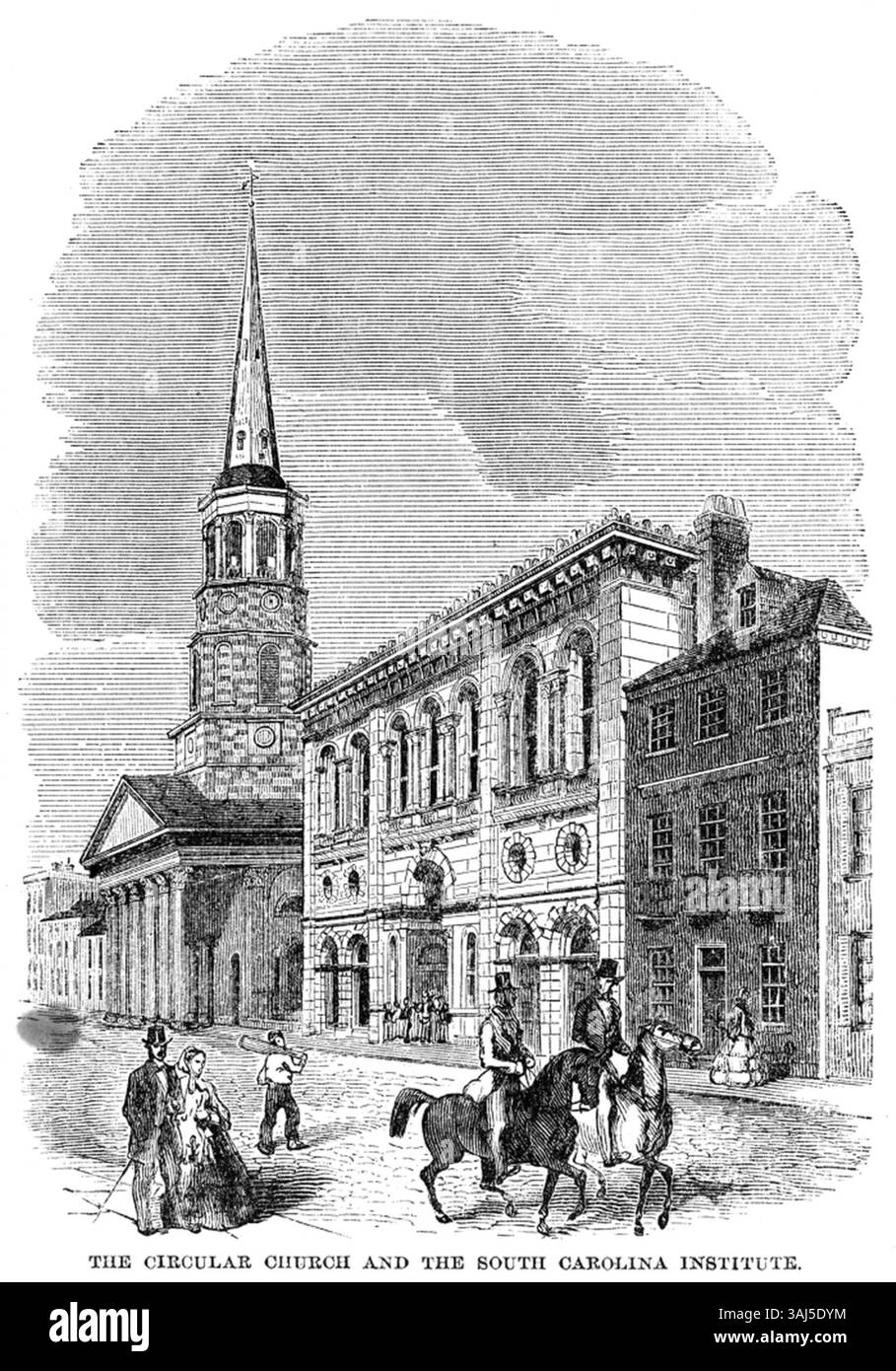 L'illustrazione del 1857 di Harper's Magazine raffigura la Circular Church e il South Carolina Institute, con l'edificio progettato da Mills e il suo campanile visibile sullo sfondo. Questa immagine mette in risalto i principali monumenti di Charleston del XIX secolo. Foto Stock