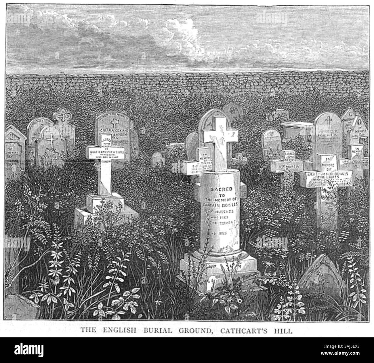 Questa illustrazione tratta da "The Graphic" (1873) raffigura il terreno di sepoltura inglese sulla collina di Cathcart, in Crimea, dove diversi soldati britannici furono sepolti durante la guerra di Crimea. L'immagine include memoriali per coloro che sono morti per ferite o malattie, evidenziando le dure realtà della guerra e il suo tributo sui militari. Foto Stock