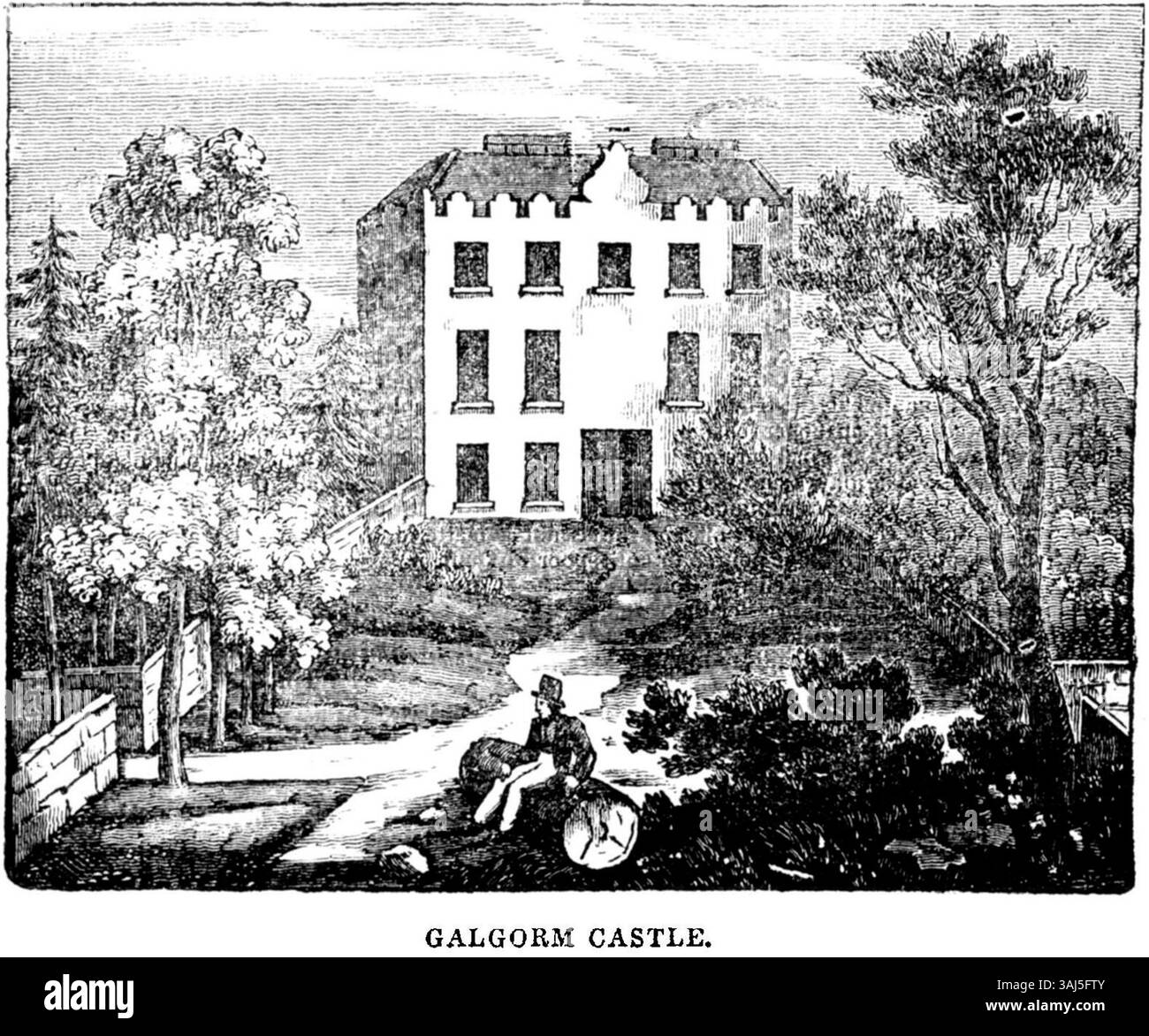 Il castello di Galgorm, situato nella contea di Antrim, nell'Irlanda del Nord, è raffigurato in un articolo del 1834 del Dublin Penny Journal. Il castello è significativo per il suo valore storico e architettonico, offrendo approfondimenti sulla vita immobiliare del XIX secolo in Irlanda. Foto Stock