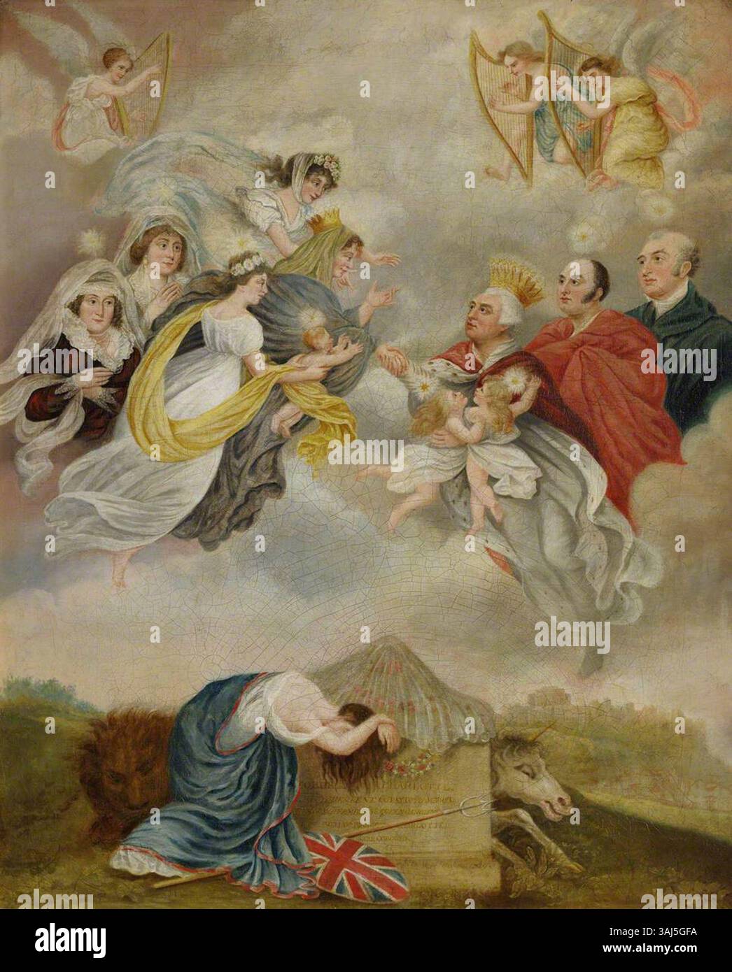 Questo dipinto allegorico raffigura la Britannia in lutto per la morte dei membri della famiglia reale britannica, tra cui Giorgio III, la regina Carlotta e la principessa reale Carlotta Augusta. Dipinto nel 1829, celebra la loro apoteosi attraverso immagini simboliche. Foto Stock