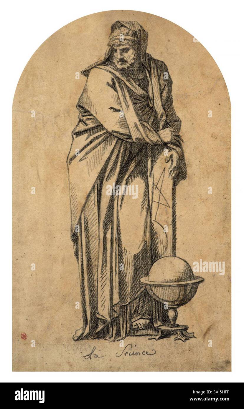 "La Science" di Pierre-Paul Prud'hon (1809) è un disegno dettagliato eseguito in gesso nero, che rappresenta la figura allegorica della Scienza. Il disegno fu creato per il colonnato dell'Hôtel de Ville a Parigi per la cerimonia di matrimonio di Napoleone. Foto Stock