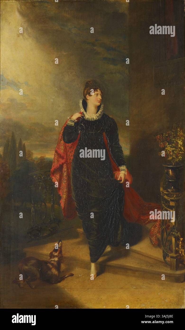 Questo ritratto della principessa Charlotte, dipinto tra il 1816 e il 1818, fu creato da George Dawe. Il dipinto cattura la somiglianza della principessa Charlotte Augusta del Galles, evidenziando il suo cuscinetto regale. Foto Stock