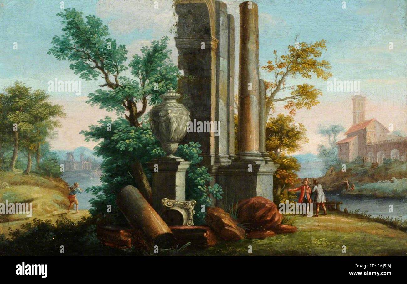 Rovine classiche in un paesaggio, dipinte dalla British (English) School tra il 1700 e il 1729. Il dipinto a olio raffigura antiche rovine in un ambiente pastorale. Foto Stock