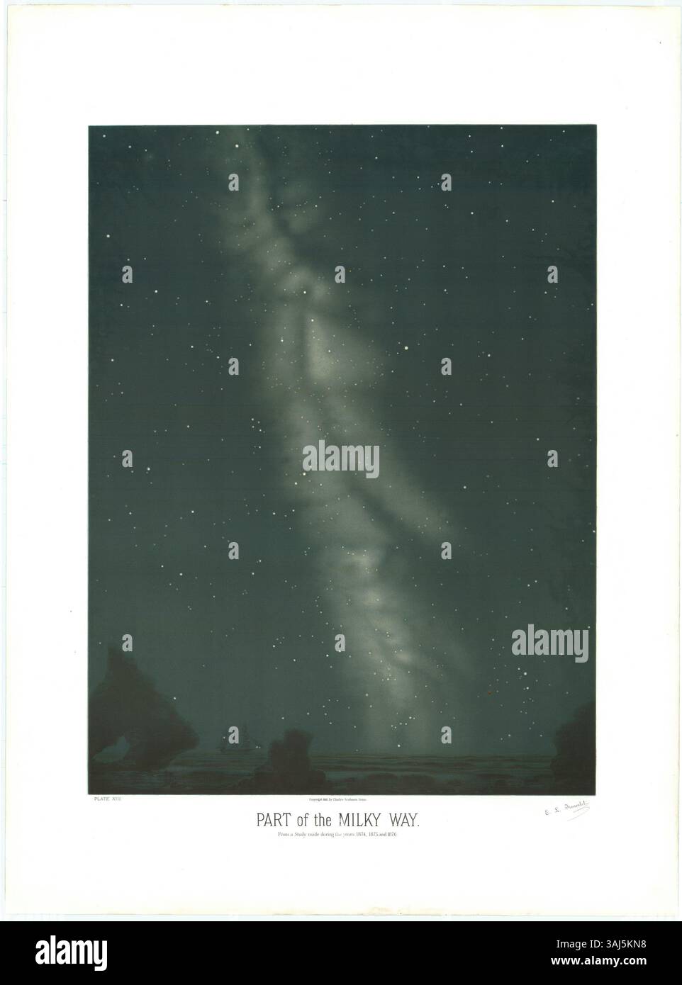 Nel 1882, Étienne Léopold Trouvelot ha creato questa illustrazione astronomica che mostra una parte della via Lattea. Il suo lavoro esemplifica l'arte scientifica e l'osservazione astronomica del XIX secolo. Foto Stock