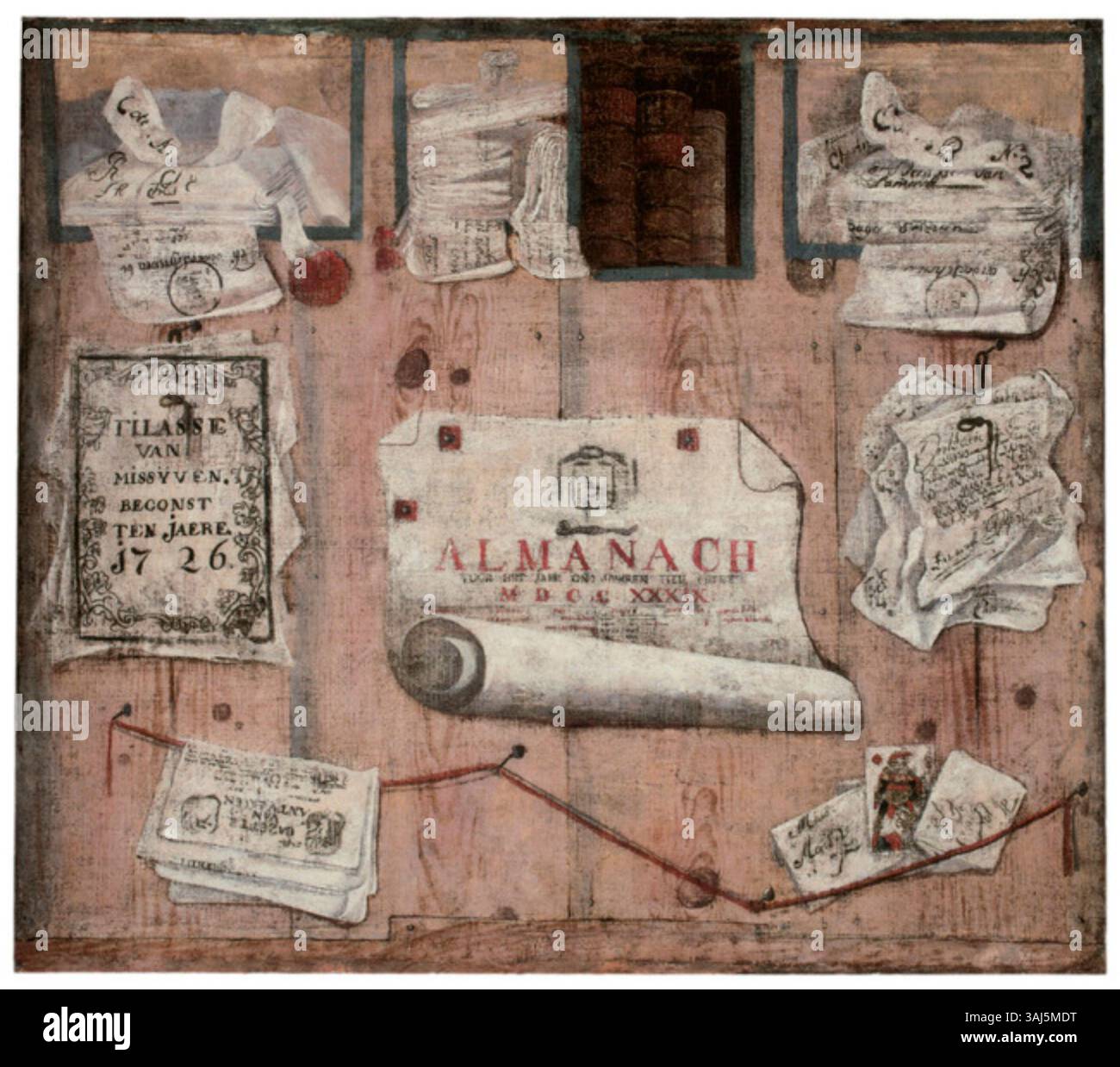 Attribuito a Jacobus Plasschaert, questo dipinto trompe l'oeil, creato tra il 1739 e il 1765, presenta una rappresentazione realistica di un almanacco con pagine fissate a una partizione di legno, che mostra l'abilità del maestro olandese nel mimare la realtà. Foto Stock