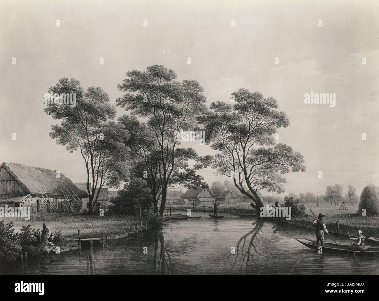 Questo acquerello del 1851 di Christian Gottlob Hammer cattura la bellezza naturale della Spreewald, una regione in Germania conosciuta per i suoi tortuosi fiumi e la vegetazione lussureggiante. Il lavoro di Hammer enfatizza il paesaggio tranquillo e il fascino rurale di questa riserva della biosfera dell'UNESCO. Foto Stock