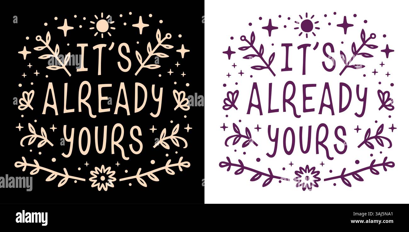 È già la tua affermazione manifesta citazioni spirituali per le donne divine femminili legge estetica celeste floreale di attrazione stampa di illustrazione. Illustrazione Vettoriale