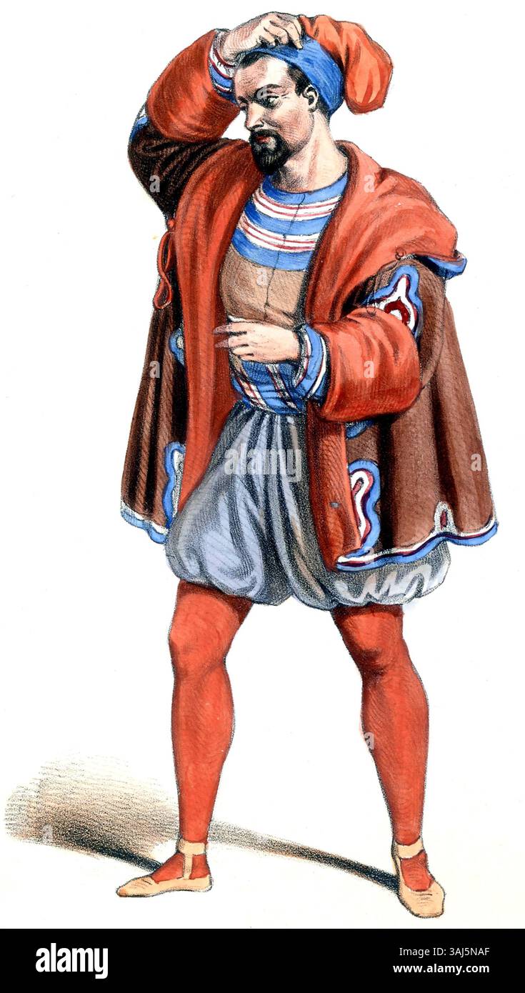 Questa litografia del 1847 di Alexandre Lacauchie raffigura Achille Riquier nel ruolo di Dominico dall'opera di Auber *Haydée*, che mostra il carattere drammatico in un momento significativo dell'opera. Foto Stock