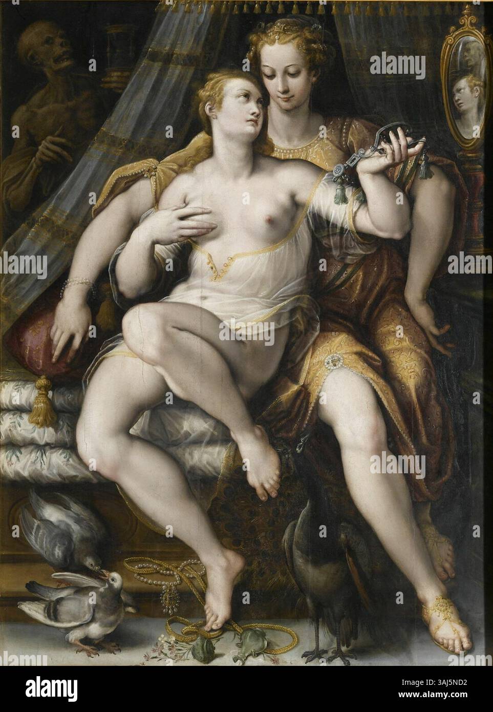 'Vanità, moderazione (o modestia) e morte' di Jan van der Straet (Stradanus) è un dipinto allegorico del 1569. L'opera riflette il tema rinascimentale delle lezioni morali, raffigurato con olio su tavola. Foto Stock