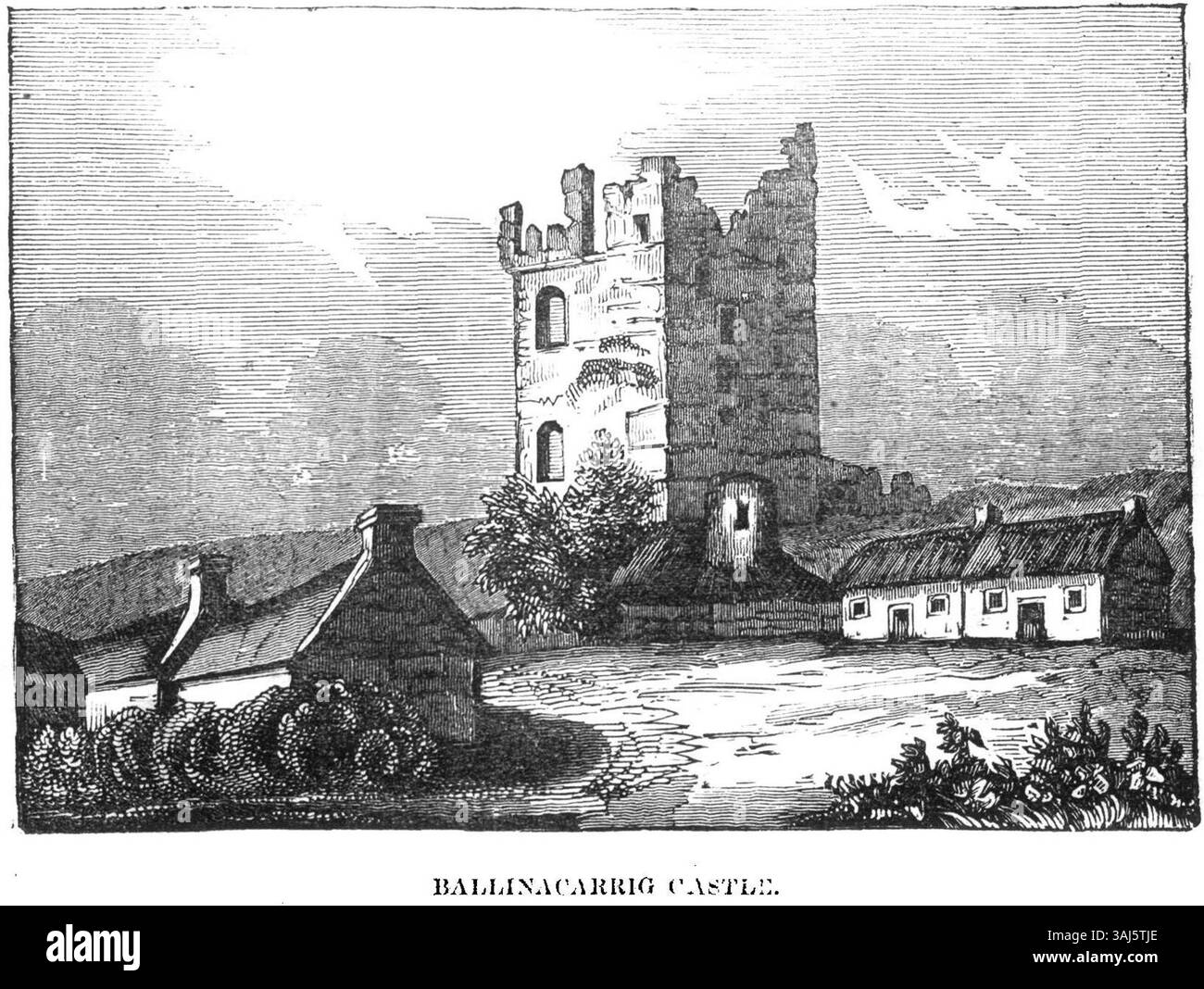 La rappresentazione del 1834 del castello di Ballinacarrig nella contea di Cork, in Irlanda, è stata descritta nel "The Dublin Penny Journal", mostrando l'architettura irlandese del periodo. Foto Stock