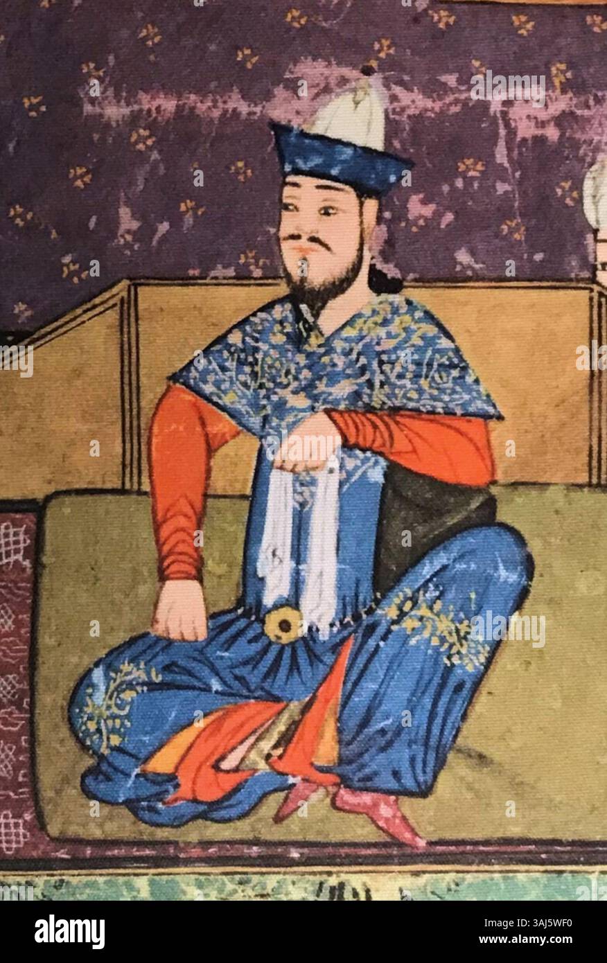 Questo ritratto di Tamerlano, creato nel 1436 come parte del manoscritto "Zafarnama", mostra il conquistatore in una posa regale e autorevole. L'opera d'arte fa parte del patrimonio artistico persiano e riflette il significato di Tamerlano nella storia dell'Asia centrale e mondiale. Foto Stock