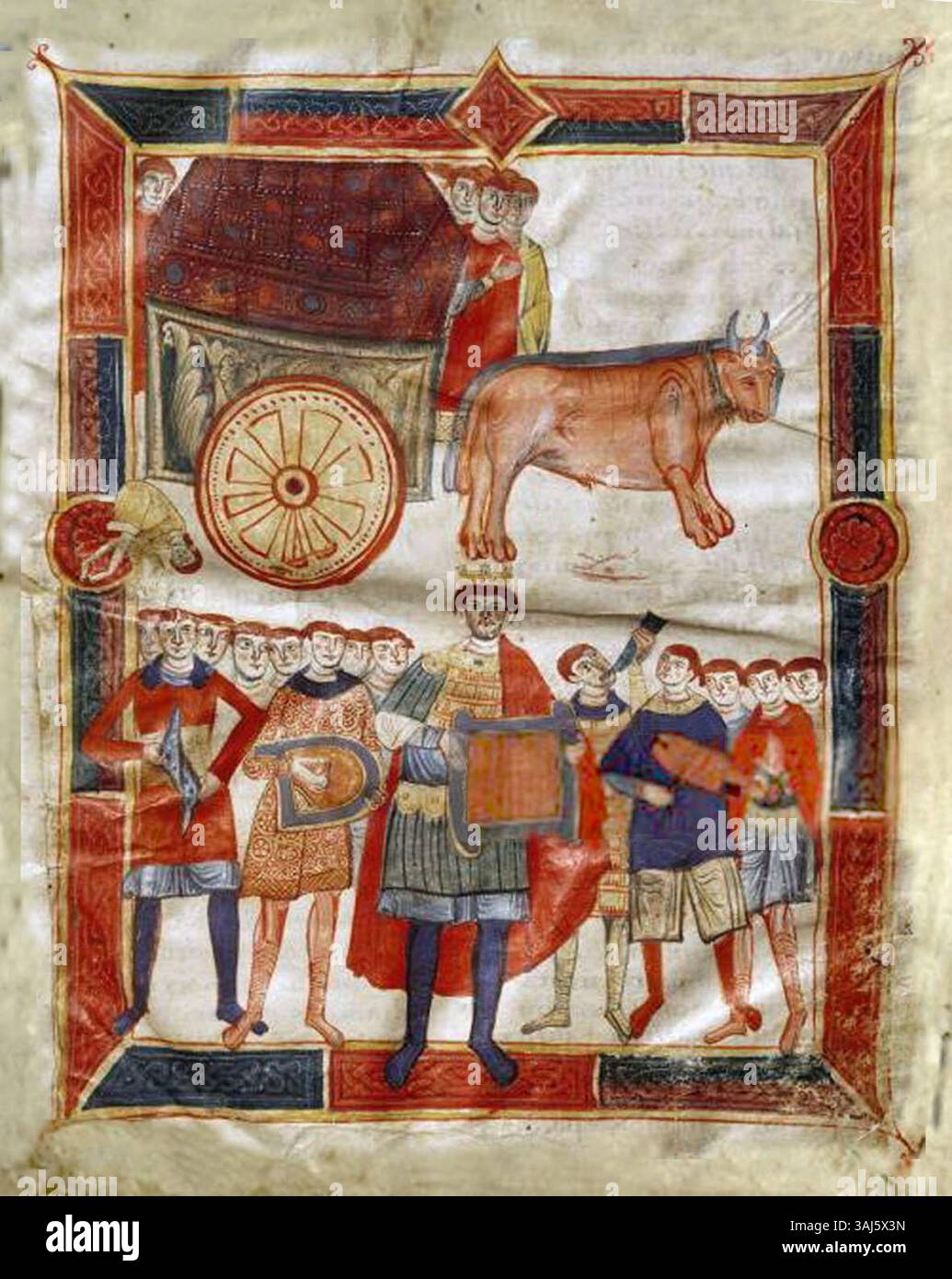 Il Salterio di Polirone, risalente al 1091-1110 circa, è un manoscritto miniato medievale conservato presso la Biblioteca Teresiana. Questa pagina del folio 2r contiene testi religiosi e illustrazioni tipiche del periodo. Foto Stock