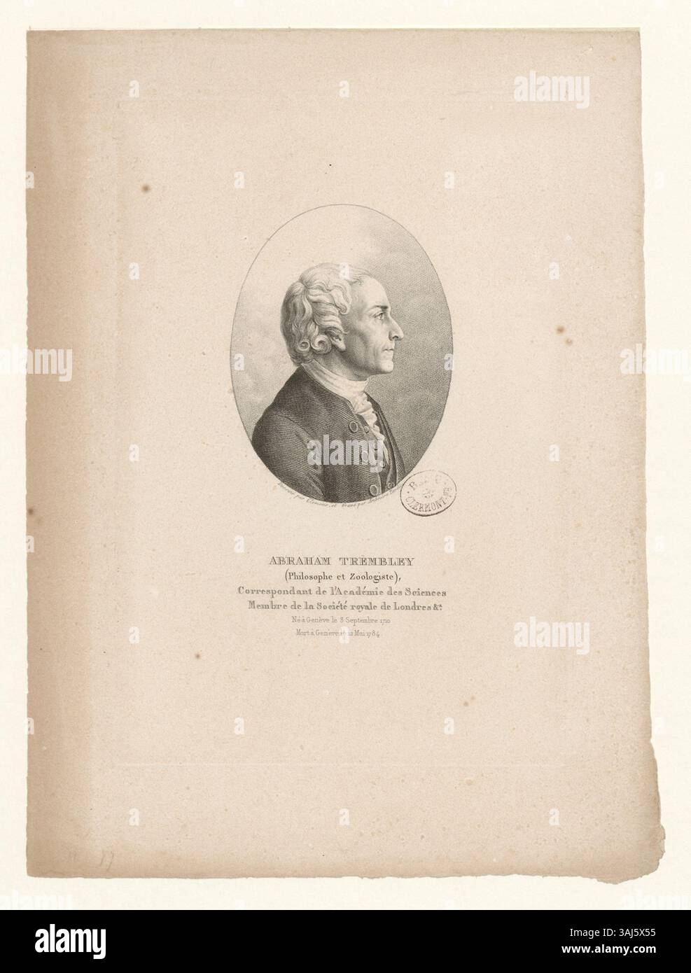 Questa stampa intaglio della collezione Boyer raffigura Abraham Trembley, un filosofo e zoologo svizzero, noto per i suoi studi scientifici, tra cui il suo lavoro sulla rigenerazione dell'idra. Foto Stock
