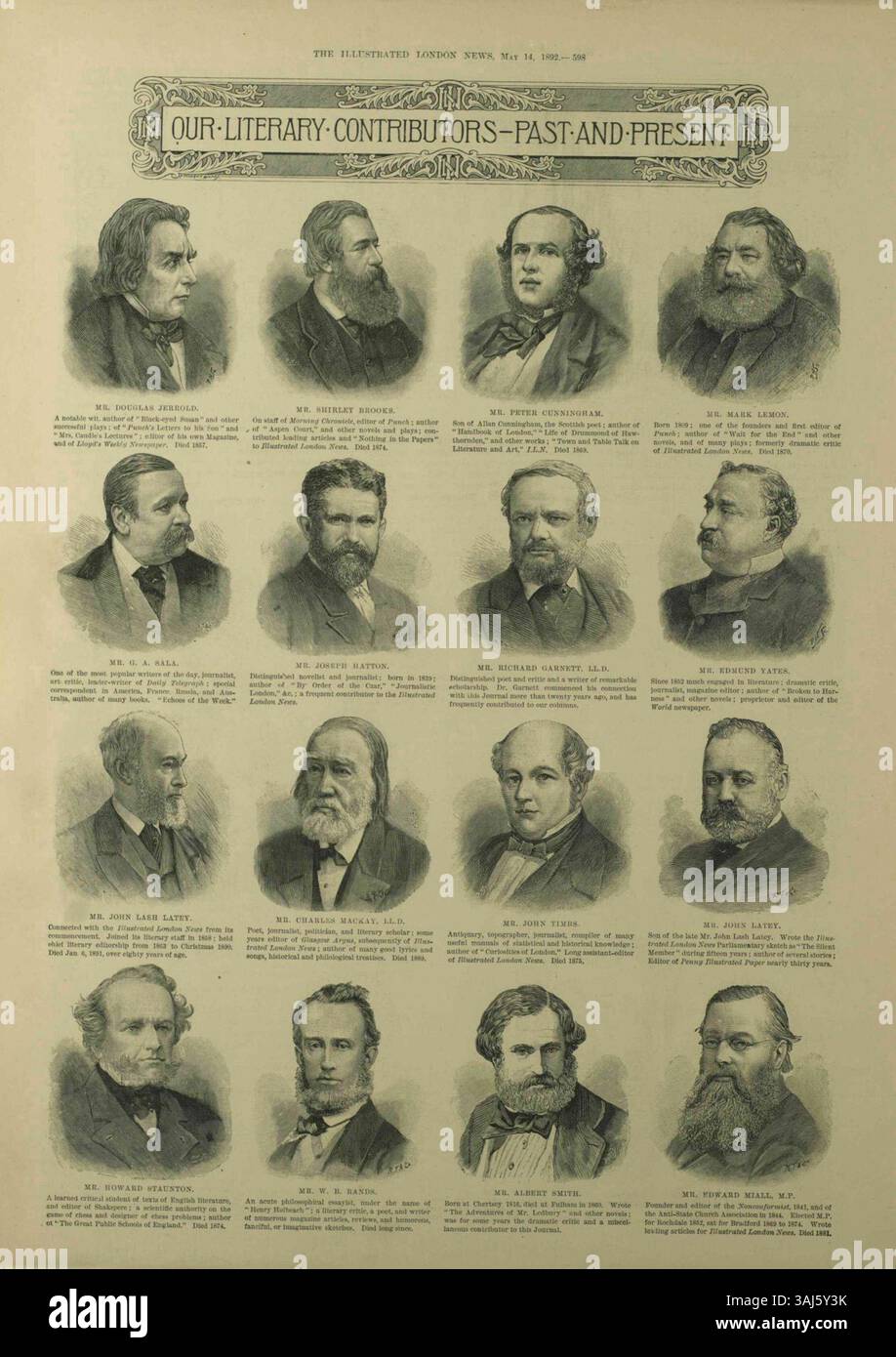 L'illustrazione in The Illustrated London News, 14 maggio 1892, elenca altre figure letterarie. Sono presenti collaboratori come Mr. Douglas Jerrold, Mr. Mark Lemon e Mr. G.A. sala. L'opera mette in evidenza le voci letterarie chiave nella pubblicazione. Foto Stock