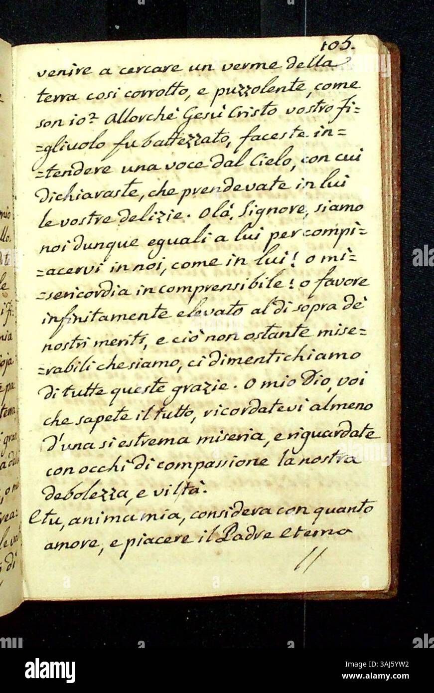 Questa pagina del manoscritto, numero 105, tratta dalle "Meditazioni di santa Teresa" di Teresa di Ávila, riflette le sue contemplazioni sul Pater Noster. Il manoscritto risale al XIX secolo e fa parte della collezione carmelitana conservata presso la Biblioteca provinciale dei Carmelitani scalzi. Foto Stock