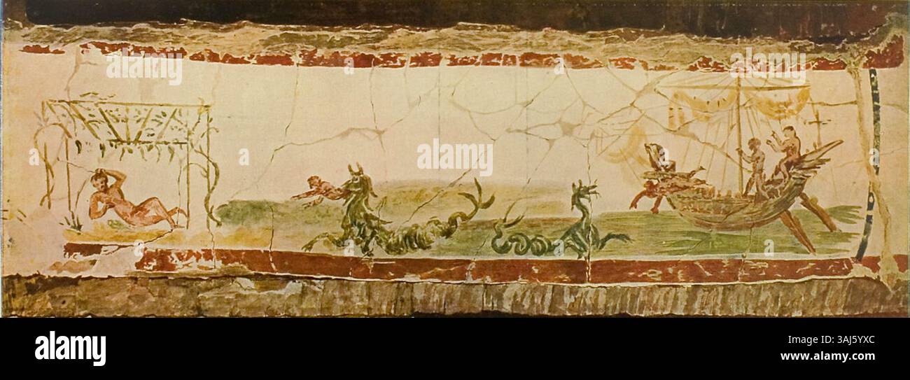 Questa opera d'arte, originaria della catacomba di Callisto a Roma, illustra la storia biblica di Giona e del mostro marino. Il pezzo fa parte della pubblicazione di Joseph Wilpert del 1903 sull'arte cristiana. Foto Stock