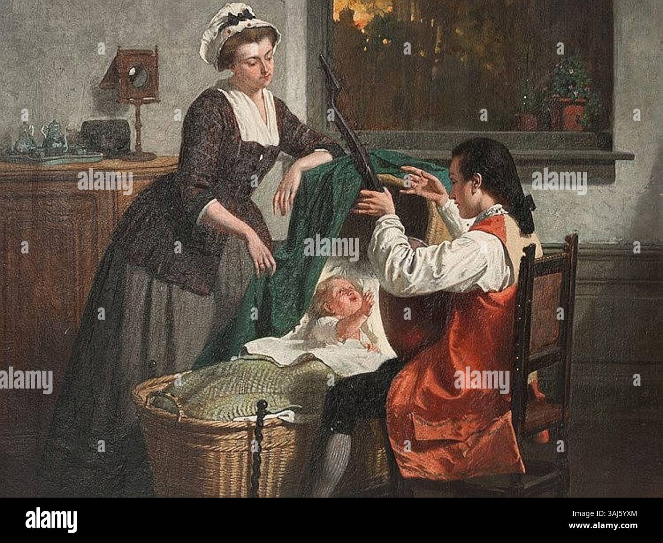 L'aspirante musicista, un dipinto di Auguste Serrure (1825-1902), fu creato nel 1888 utilizzando olio su tavola. L'opera raffigura un musicista che aspira al successo, mostrando l'attenzione di Serrure per i dettagli e lo stile artistico. Foto Stock