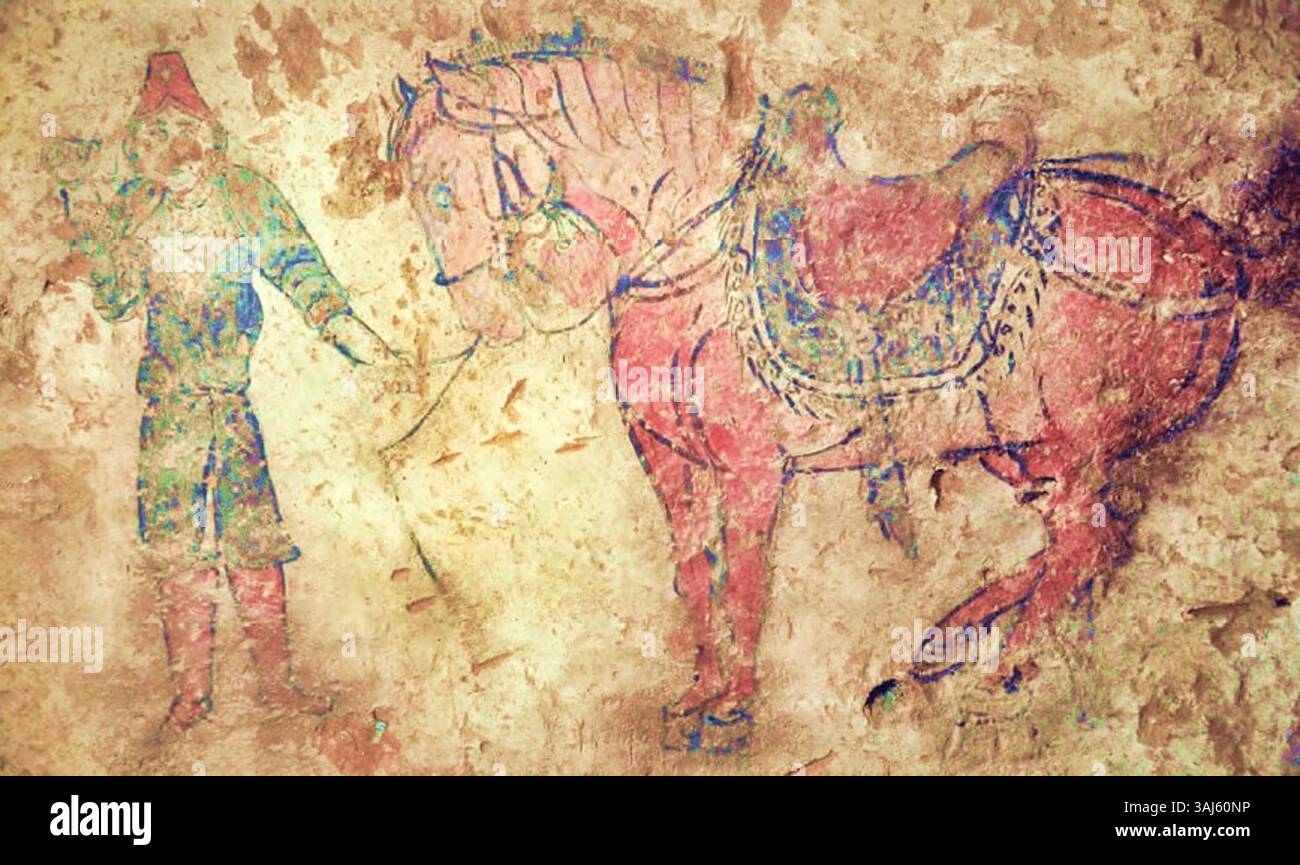 Un dipinto murale Gokturk del VII secolo scoperto nella tomba di Shoroon Bumbagar in Mongolia, raffigurante figure storiche e il loro ruolo nella cultura di Gokturk. Questa arte riflette l'eredità dell'Impero Gokturk e il suo ruolo nella storia dell'Asia centrale. Foto Stock