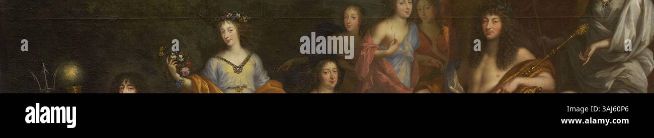 Il dipinto di Jean Nocret del 1670 di Luigi XIV con la famiglia reale include figure come Anna d'Austria, Maria Luisa d'Orléans e altri, che rappresentano la monarchia francese nella Reggia di Versailles. Foto Stock