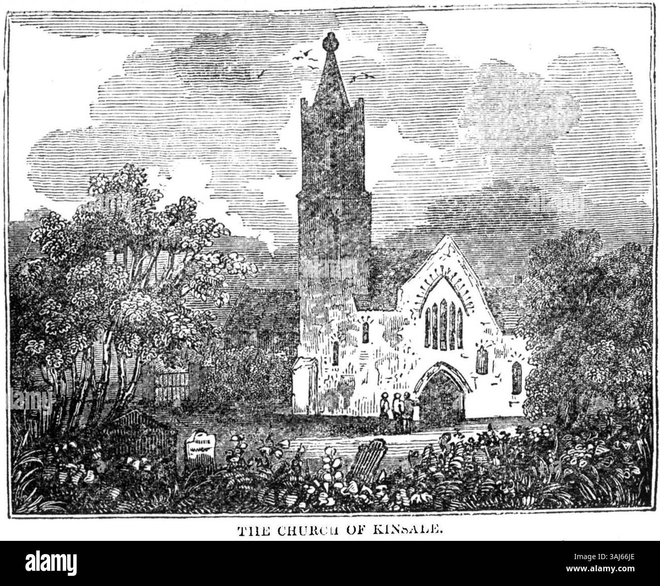 Questa immagine del 1834 tratta dal "The Dublin Penny Journal" mostra la Chiesa di Kinsale, situata nella contea di Cork, Irlanda. L'immagine presenta il design architettonico della chiesa e le caratteristiche prominenti, tra cui la guglia e il significato religioso. Foto Stock