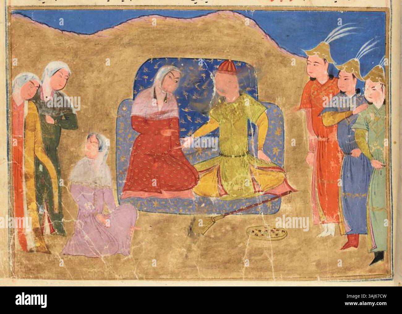 Questo manoscritto del Jami al-Tawarikh, creato tra il 1420 e il 1430, mostra Bastân Bahâdur e la sua famiglia. Il dipinto, ospitato presso la Bibliothèque nationale de France, è un ritratto dettagliato della famiglia dell'Impero mongolo. Foto Stock