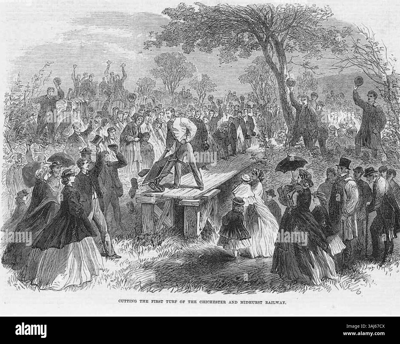 Questa incisione raffigura Lord Henry Lennox che tagliò il primo terreno per la Chichester and Midhurst Railway nel West Sussex, Inghilterra, nel 1865. L'evento segna un momento significativo nella storia delle ferrovie britanniche. Foto Stock