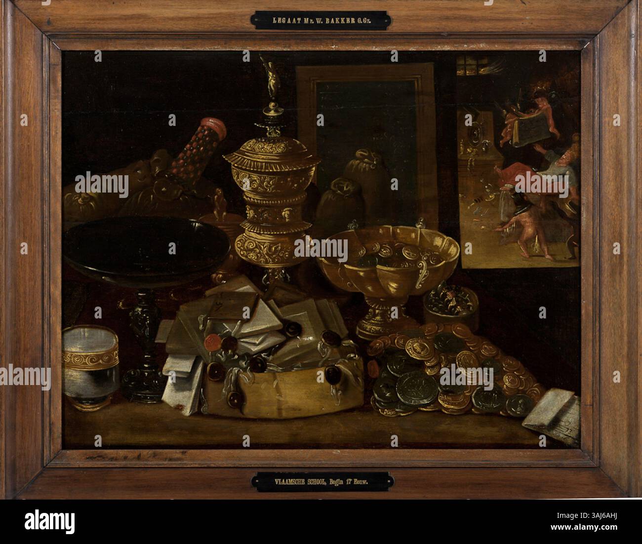 Anonimo dipinto olandese di natura morta con oggetti di lusso come ceramiche, monete e lettere, con una rappresentazione della morte del ricco dalla storia biblica di Luca 16, dipinto tra il 1610 e il 1649. Foto Stock